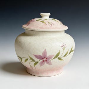 以下が含まれることがあります： 蓋付きの陶器の壺。花柄のデザインが施されています。壺はオフホワイトで、ピンク色の台座と蓋が付いています。ピンクの花と緑の葉が表面を飾り、手作りの美しさを醸し出しています。