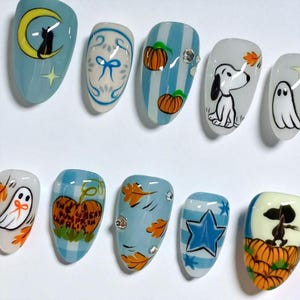Dog Halloween Press On Nails: Handmade Fall Nail Art with Pumpkins & Ghosts