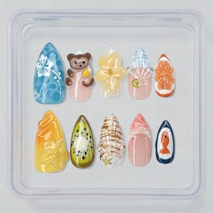 3D Fruit & Flower Press On Nails: Handmade Reusable Acrylic Nail Art