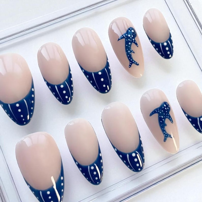 Whale Shark Press On Nails Blue French Almond Reusable Summer Nails whale-shark-press-on-nails-blue-french-almond-reusable-summer-nails