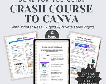 Curso intensivo de Canva para principiantes / Guía PLR + MRR de 22 páginas y 7 videotutoriales