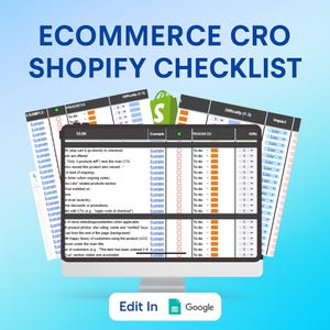 May include: A computer monitor displays an e-commerce Shopify checklist with a green shopping bag icon. The checklist includes tasks, examples, progress indicators, difficulty levels, and impact assessments. The text "Edit In Google" is at the bottom.