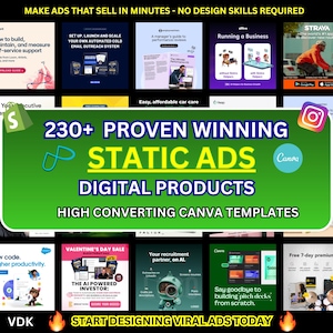 230+ virala annonsmallar för digitala produkter | PLR + MRR Canva statiska annonser paket