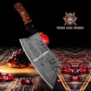 Cleaver Kitchen Chef Knife with Leather Sheath  Handmade Carbon Steel Butcher Knife for BBQ, Meat, Camping, Outdoor Cooking