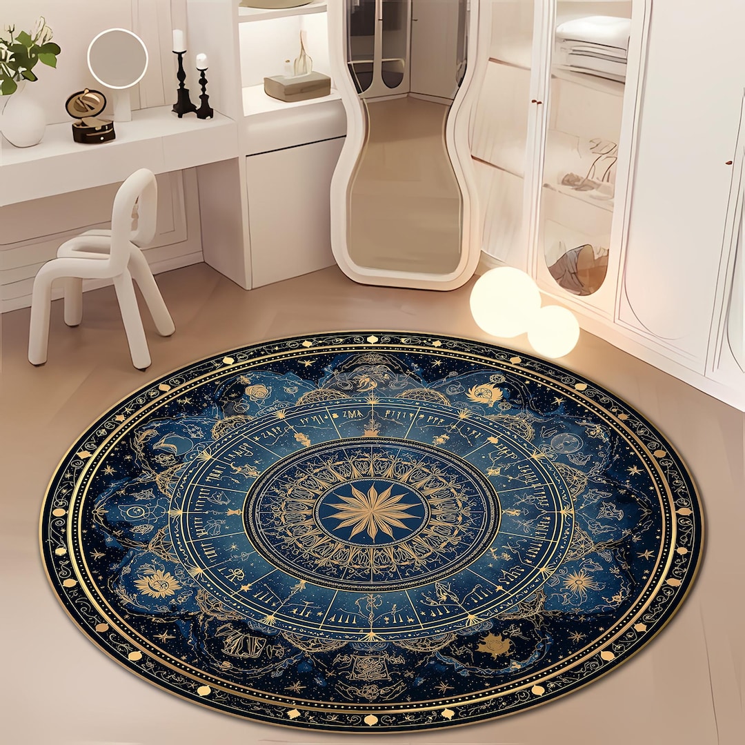 Zodiac Sign Rug Blue Zodiac Star Map Round Rug – Celestial Astrology Mandala Carpet for ...