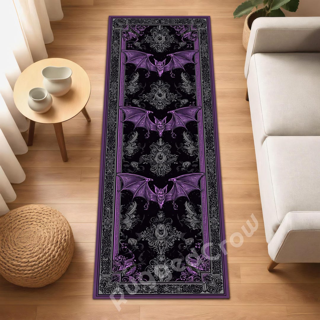 Vampire Rug Textures Gothic Purple Bat Runner Rug, Dark Fantasy Hallway Carpet, Vampire ...