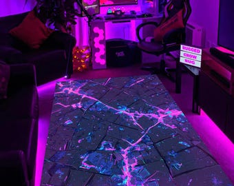 Dywan do pokoju gier Neon Cyberpunk – elektryczny niebieski i fioletowy wzór spękań