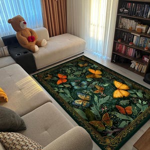 Luxury Butterfly Garden Area Rug – Green Nature Carpet with Colorful Butterflies and Leaves for Living Room, Bedroom, Boho Nature Home Decor
