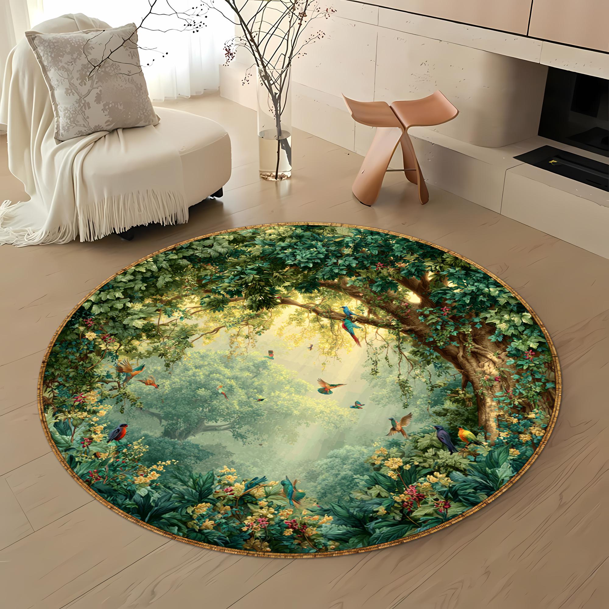 Vintage Forest Landscape Design Rug, Digital Printed Round Area