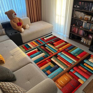 Bookshelf Area Rug – Colorful Stacked Book Design, Cozy Library Carpet for Book Lovers, Reading Nook or Living Room Literary Décor