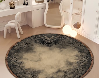 Alfombra redonda de dragón gótico oscuro, alfombra circular de humo mítico para sala de estar o dormitorio, alfombra de suelo de arte fantástico para decoración gótica del hogar.