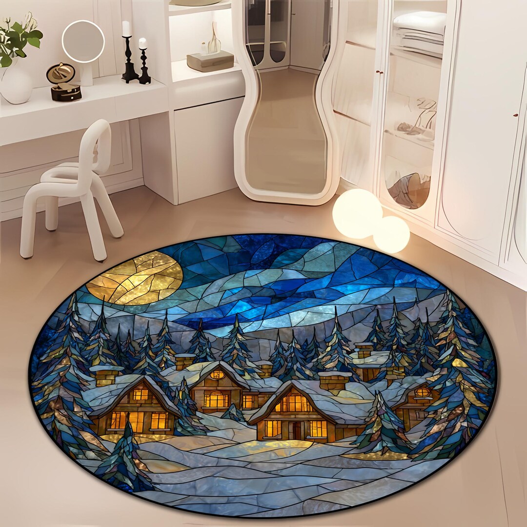 Stained Glass Winter Village Round Rug – Cozy Snowy Cabin Scene Carpet ...