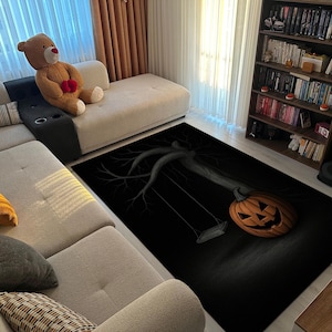 Halloween Pumpkin Rug for Living Room – Black Spooky Tree Swing Carpet, Soft Cozy Area Mat for Fall Decor, Gothic Aesthetic Home Accent