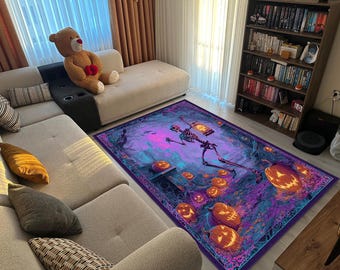 ハロウィンスケルトンラグ - リビングルーム用の紫とオレンジのパンプキンカーペット、不気味なゴシックホームデコレーション、不気味な秋のエリアラグ
