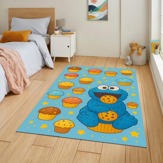Blue Cookie Monster Kids Rug – Colorful Cupcake Playroom Carpet