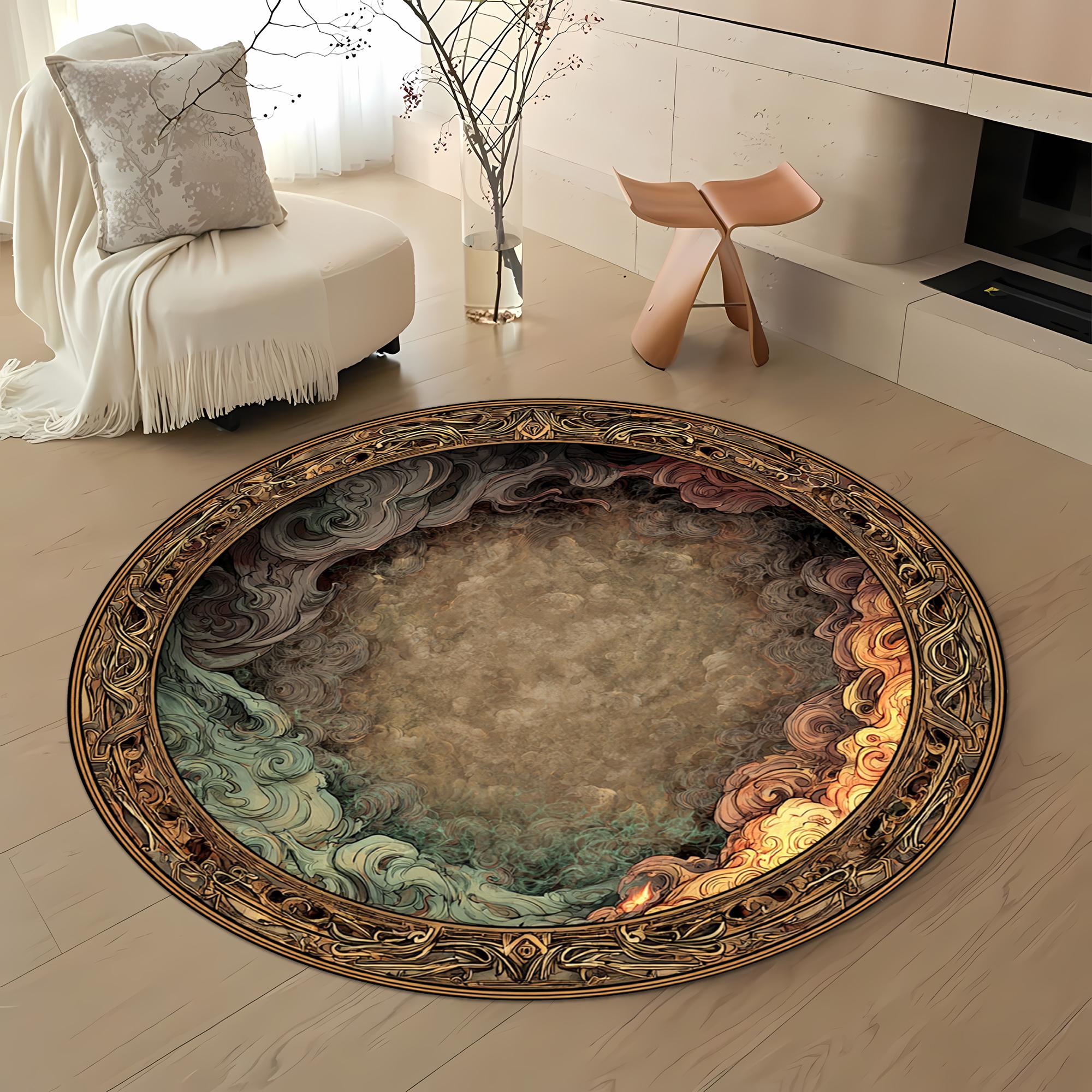 Mystic Round Rug, Fantasy Cloud Pattern Circle Carpet With Ornate Gold ...