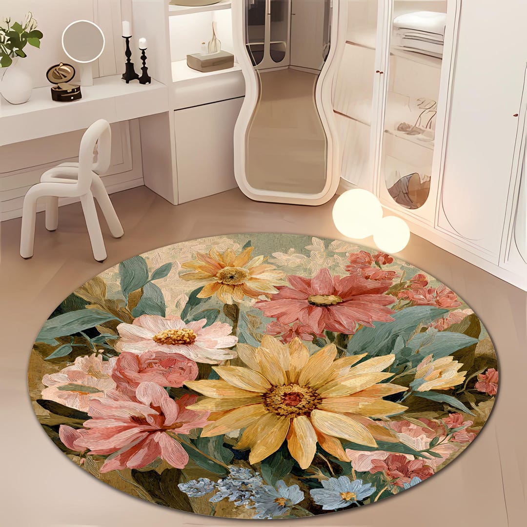 Round Floral Digital Print Rug Vintage Design Flower Area Rug - Etsy