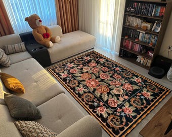 Vintage Rose Pattern Rug – Black Floral Area Carpet with Pink and Orange Flowers Traditional Woven Style for Living Room or Cottagecore Home