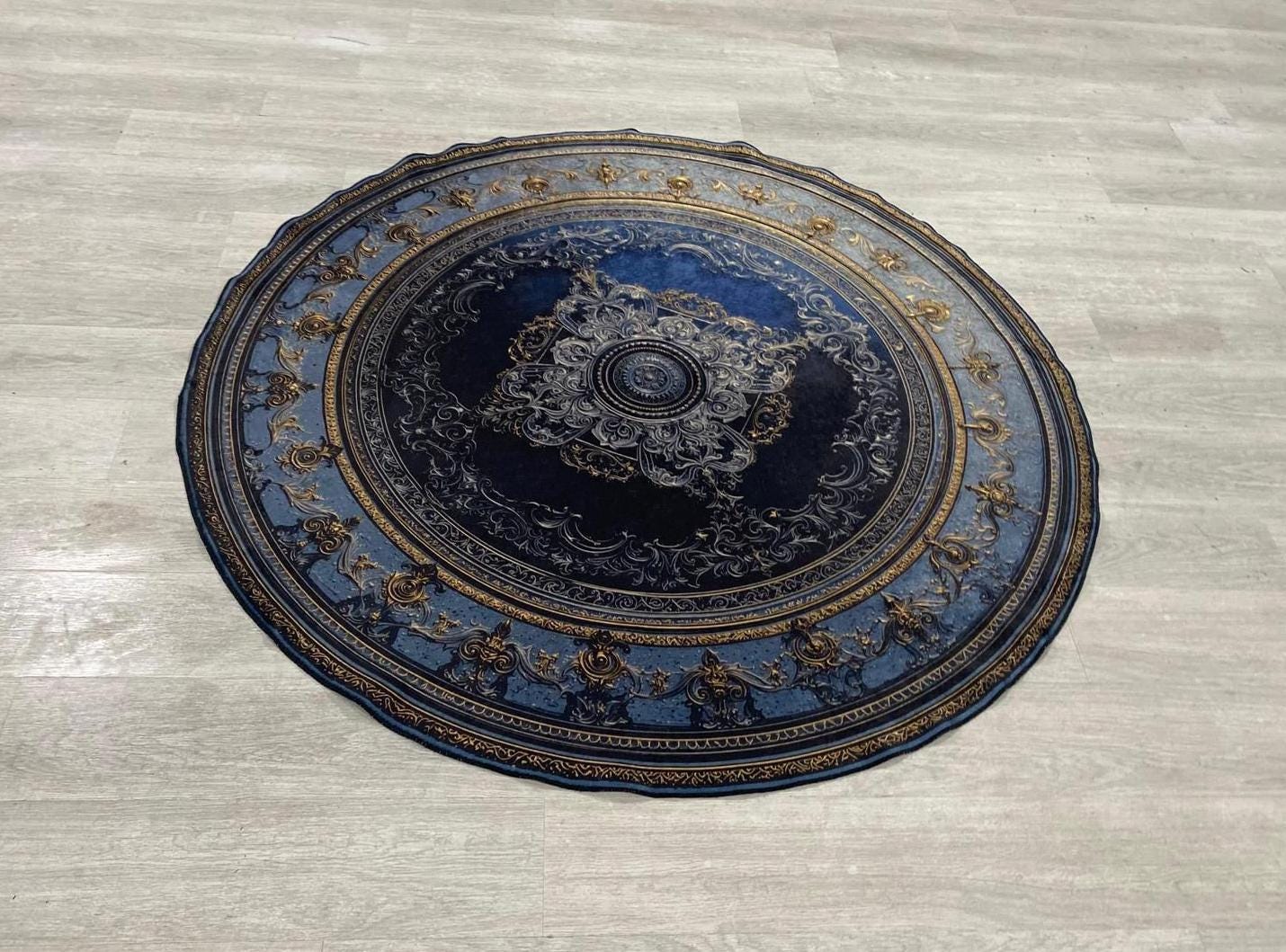 Navy Blue Round Vintage Rug – Elegant Baroque Pattern Carpet for ...