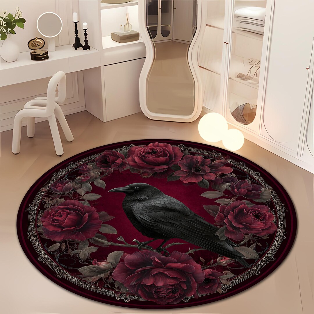 Round Gothic Rug Round Gothic Raven Rug Dark Floral Carpet Vintage Rose Art Decorative ...