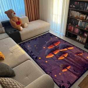 Mushroom Forest Rug for Living Room – Glow-Inspired Fantasy Carpet with Fairycore Aesthetic, Cozy Magical Decor for Boho Interiors
