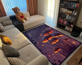 Mushroom Forest Rug for Living Room – Glow-Inspired Fantasy Carpet with Fairycore Aesthetic, Cozy Magical Decor for Boho Interiors