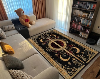 Triple Moon Phase Area Rug – Gothic Gold and Red Altar Carpet, Wiccan Floral Decor, Dark Occult Living Room Statement for Sacred Spaces