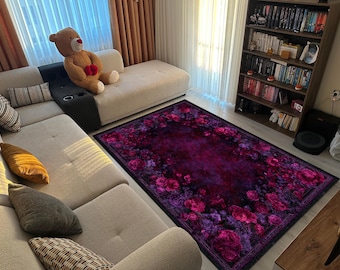 Purple Rose Rug | Dark Floral Gothic Carpet for Living Room | Romantic Red and Violet Flower Area Rug