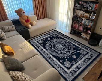 Astrology Zodiac Rug  Mystic Constellation Carpet in Navy Blue, Celestial Horoscope Area Rug, Witchy Boho Home Decor