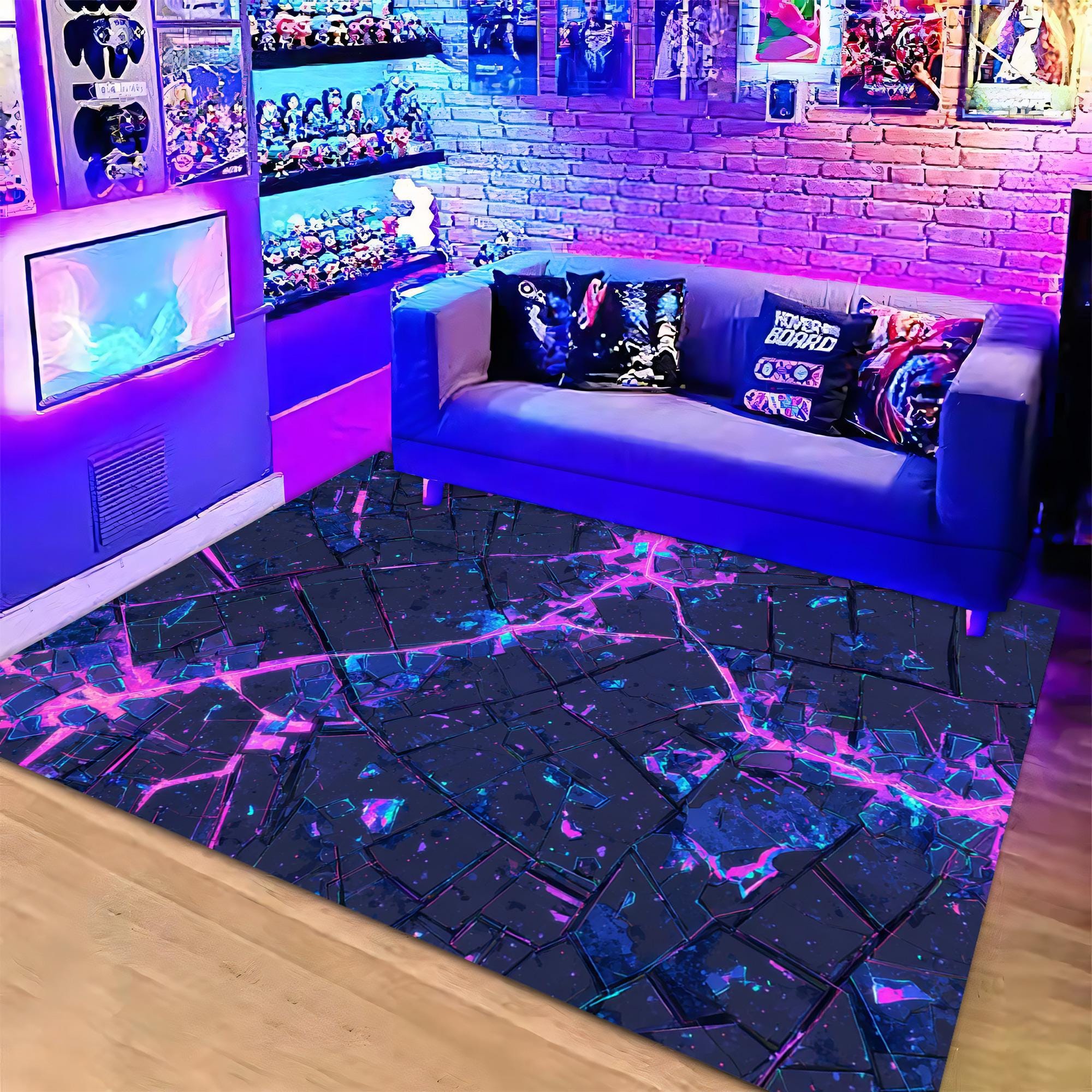 Cyperpunk Rug Neon Cyberpunk Gaming Room Rug – Electric Blue & Purple Crackle Designn ...