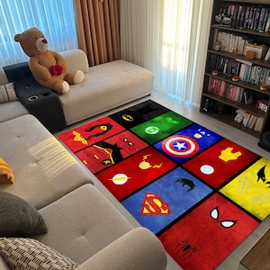 Superhero Cartoon Rug for Kids or Living Room – Bold Color Block Area Rug with Comic Icons – Cozy Soft Gift Idea for Hero Fans and Decor