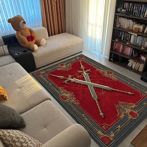 Tappeto fantasy con spade per giocatori: tappeto medievale rosso con lame incrociate, arredamento da gioco di ruolo per il soggiorno, tappeto in stile dungeon geek