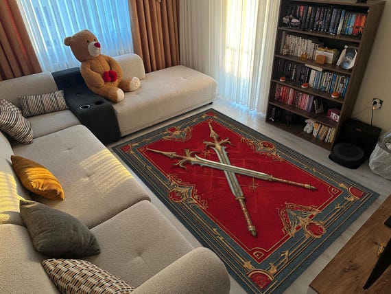 Fantasy Sword Rug for Gamers – Red Medieval Area Rug With Crossed