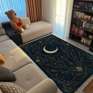 Midnight Blue Crescent Moon Rug – Boho Celestial Area Carpet with Gold Botanical Design, Mystical Living Room or Bedroom Witchy Decor
