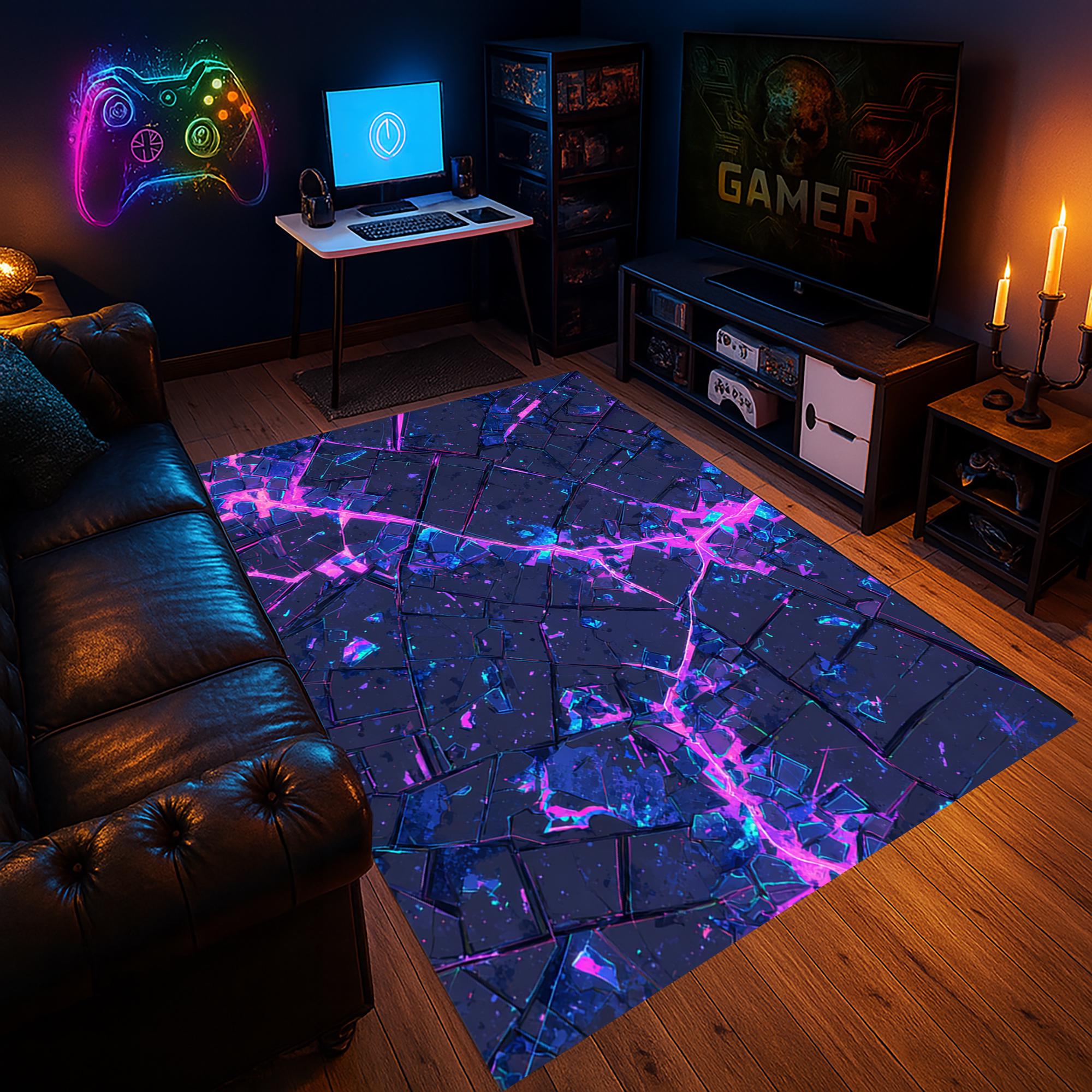 Cyberpunk Rug Texture Neon Cyberpunk Gaming Room Rug – Electric Blue & Purple Crackle Designn ...