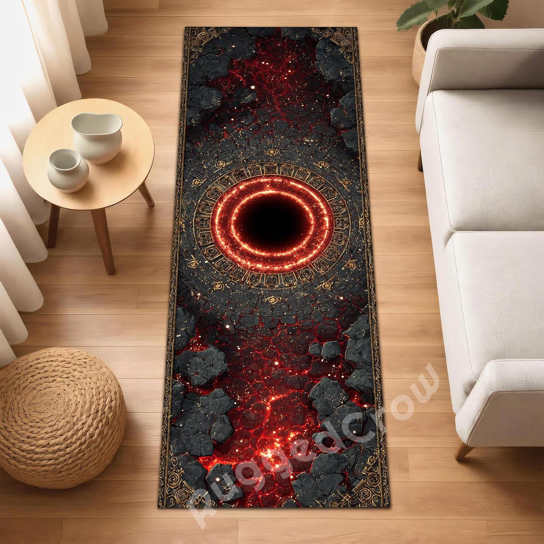 Epic Handmade Rug Fantasy Lava Core Runner Rug With Glowing Portal Design and Dark ...