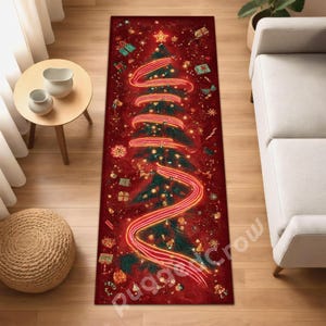 Alfombra navideña roja con luces brillantes y regalos, ideal para pasillos y decoración invernal.