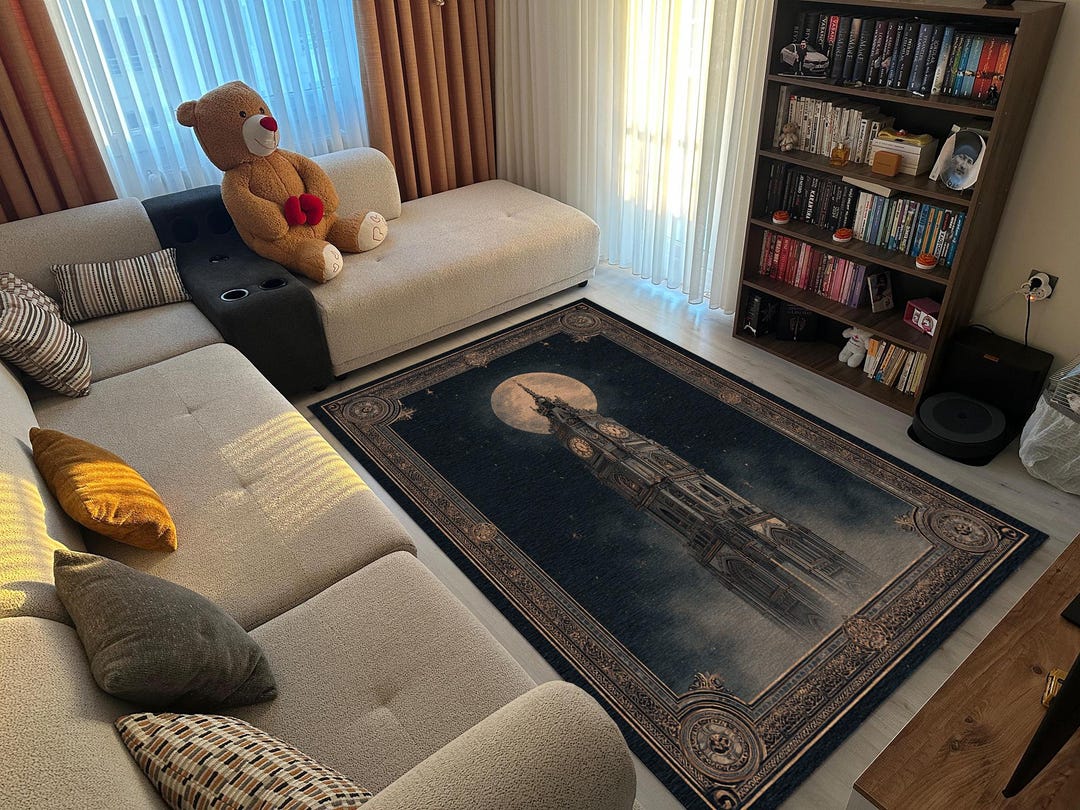 Vintage Design Clock Tower Area Rug Moon Illustration Digital Print ...