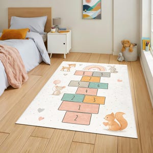 Pastell Hopscotch Teppich für Kinderzimmer, weiche Tierspielmatte mit Zahlen, niedlicher Kindergartenteppich für Kleinkinder und Montessori Spielräume