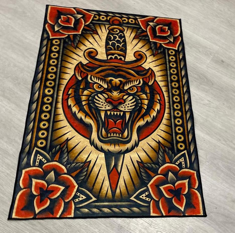 Tattoo Style Tiger Area Rug – Flash Art Rockabilly Decor