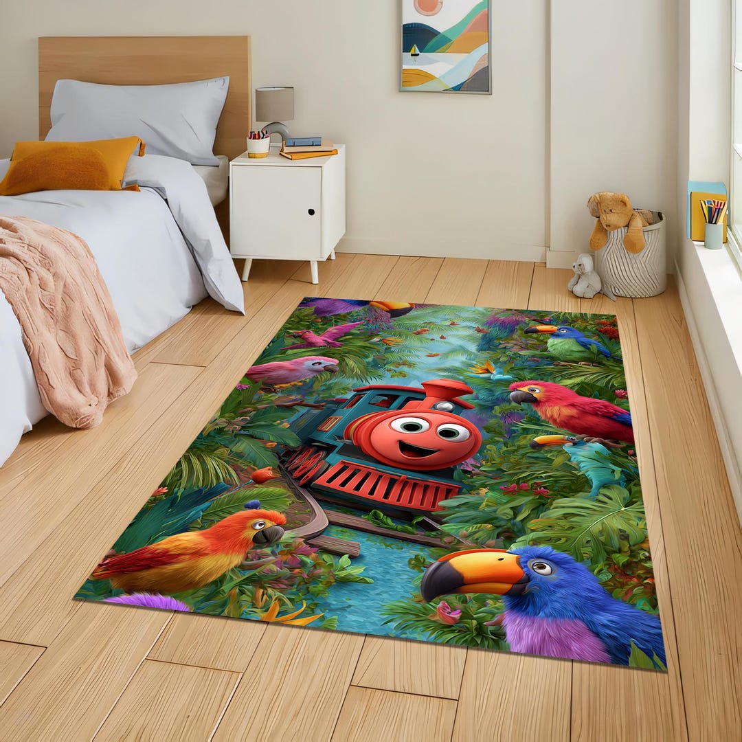 Classroom Train Rug Colorful Jungle Train Kids Rug – Cartoon Parrot Forest Play Mat for ...