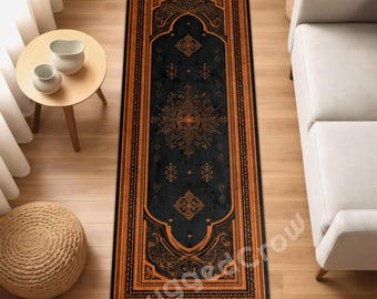 Gothic Black & Orange Runner Rug  | Vintage Ornamental Hallway Carpet | Dark Boho Entryway Decor | Elegant Medieval Pattern Floor Runner