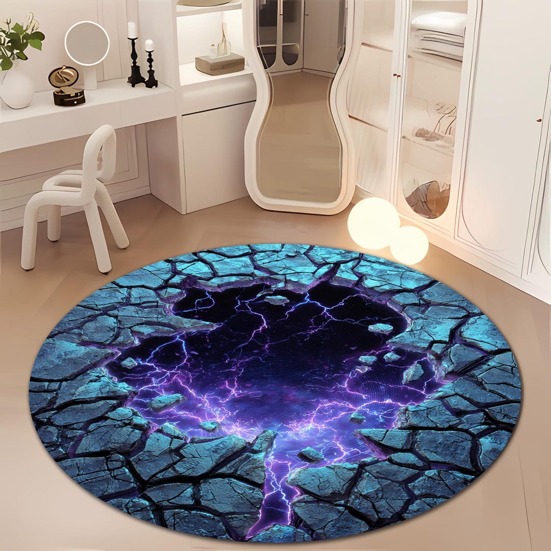 Electric Rift Round Area Rug – Futuristic Cracked Stone Portal Design ...