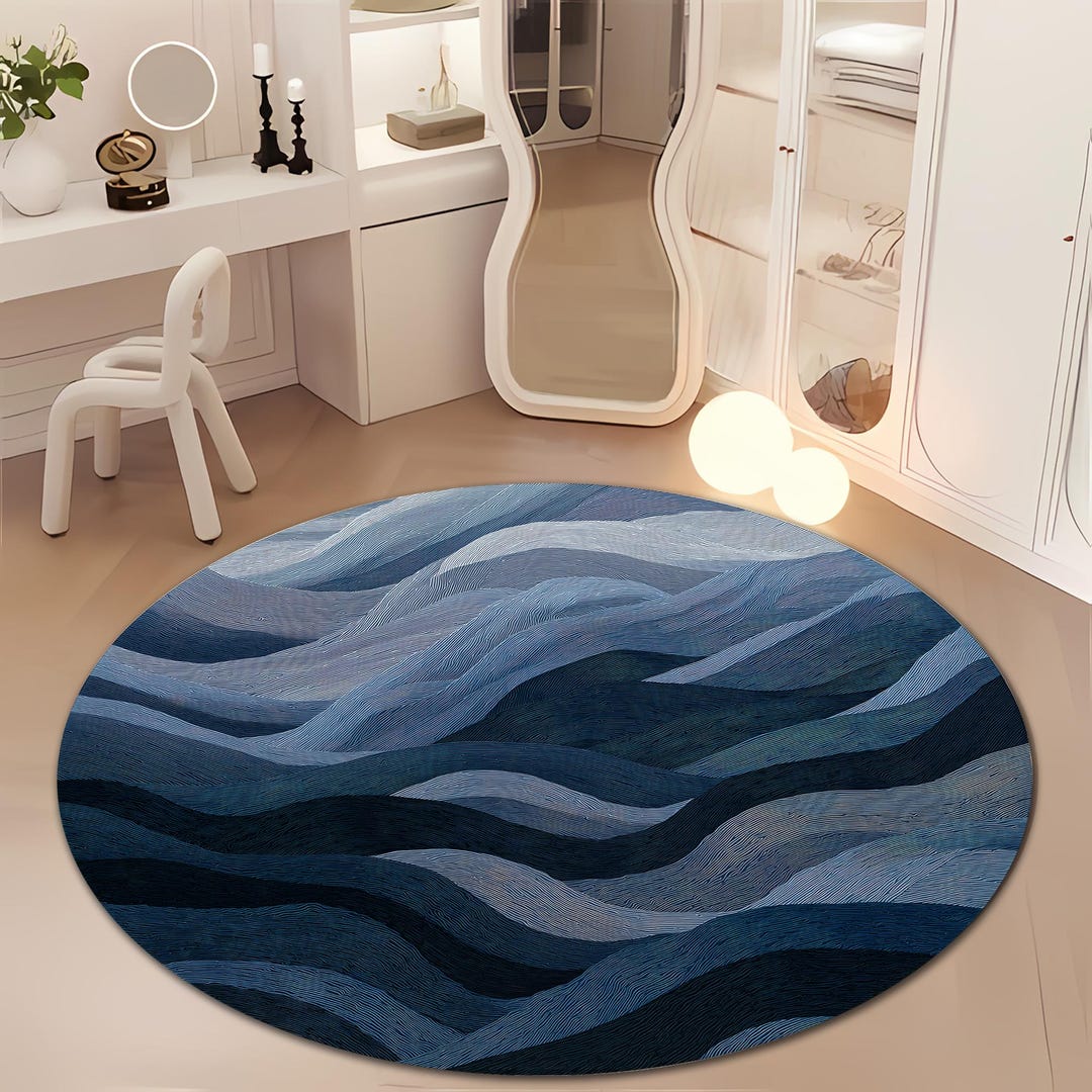 Round Blue Wave Area Rug Modern Abstract Ocean Pattern Floor Carpet ...