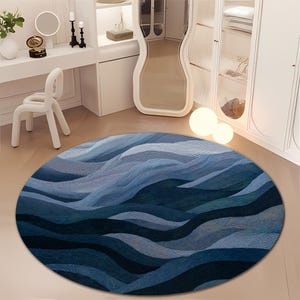 Round Blue Wave Area Rug Modern Abstract Ocean Pattern Floor Carpet