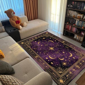 Luxury Celestial Moon and Stars Area Rug – Purple and Gold Cosmic Tapestry Carpet for Living Room, Bedroom, Boho or Witchy Home Decor