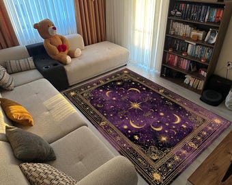 Himmlischer Mond und Sterne Teppich - Lila Gold Cosmic Tapisserie - Vintage Desingg