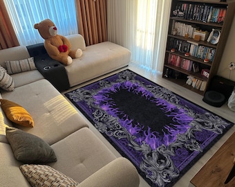 Tapete gótico roxo flamejante – Tapete estético escuro com moldura fumê para decoração de sala de estar ou quarto