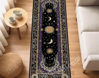 Celestial Runner Rug – Black and Purple Hallway Carpet with Sun and Moon Design Mystical Gothic Astrology Decor for Entryway or Living Room