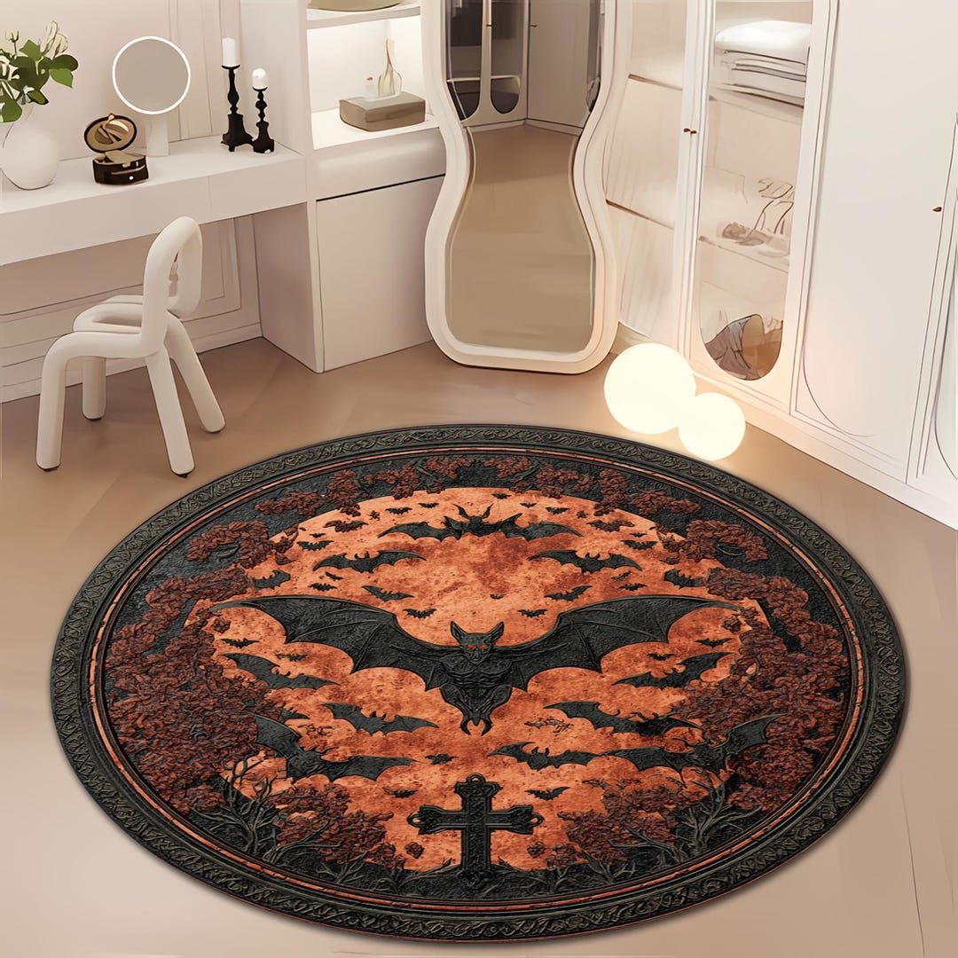 Gothic Bat Round Rug in Orange and Black – Halloween Vampire Decor ...